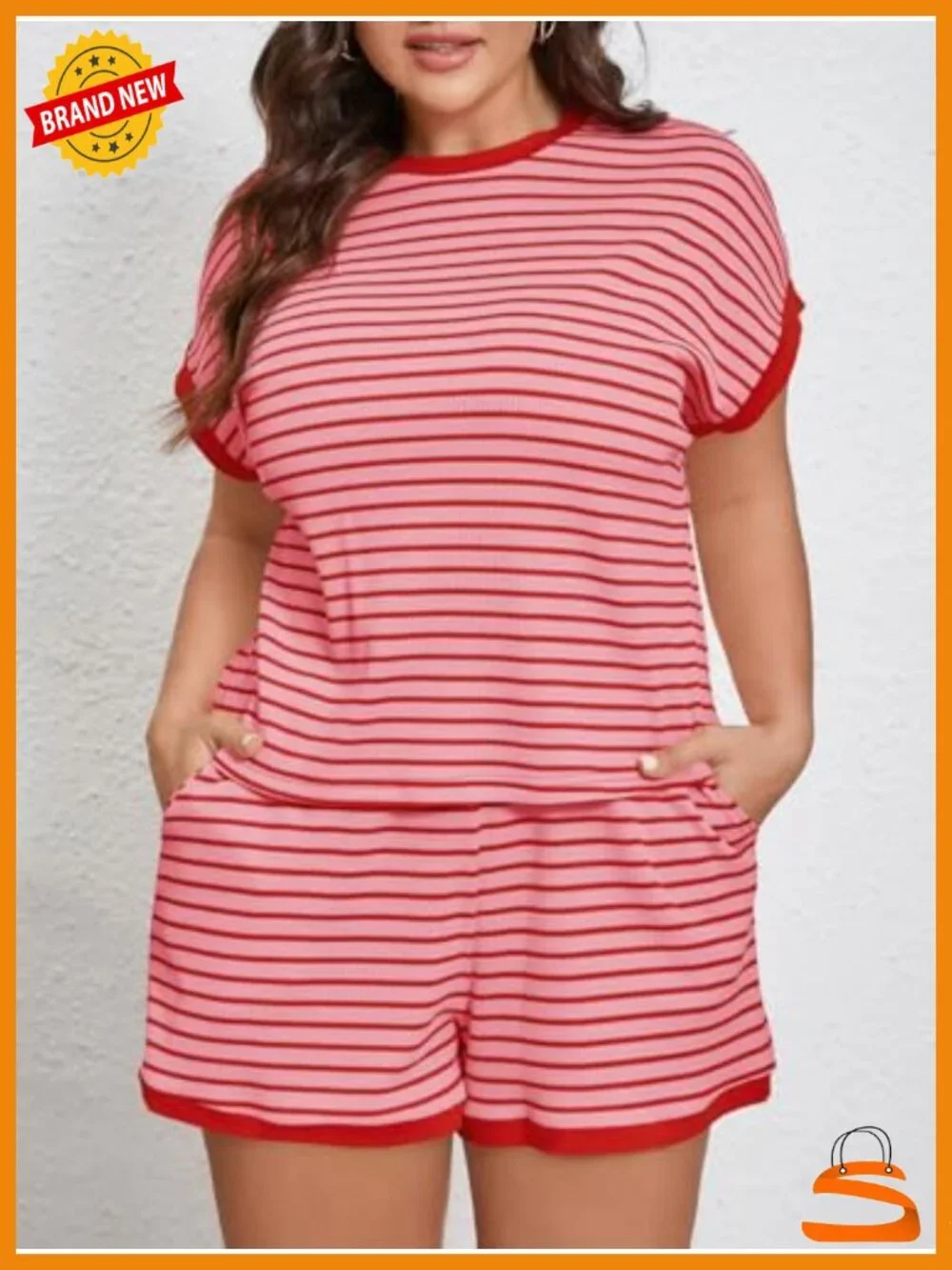 Plus Size Lounge Set 2 Piece Stripe Short Sleeve Top Shorts Summer Casual